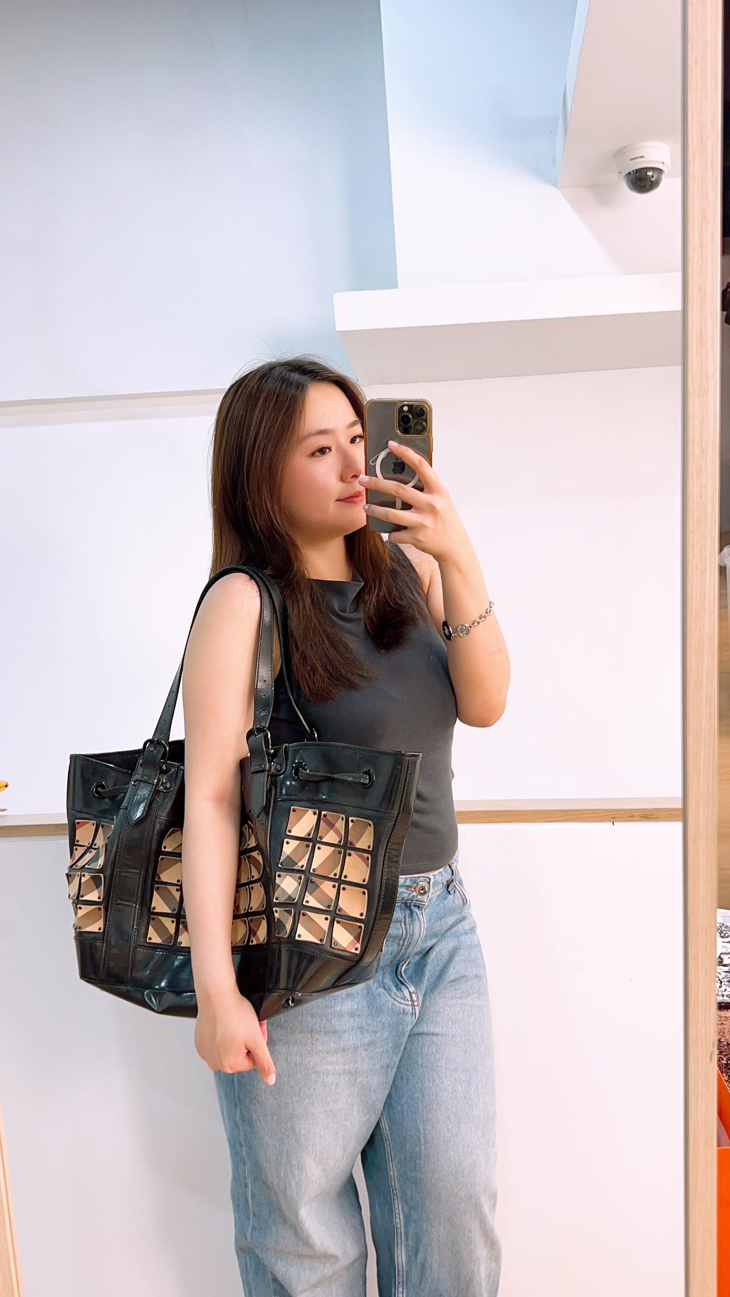 Burberry Nova Check Studded Warrior Armour Hobo Bag