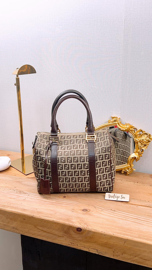 Fendi Brown Zucchino Canvas Vintage Boston Bag