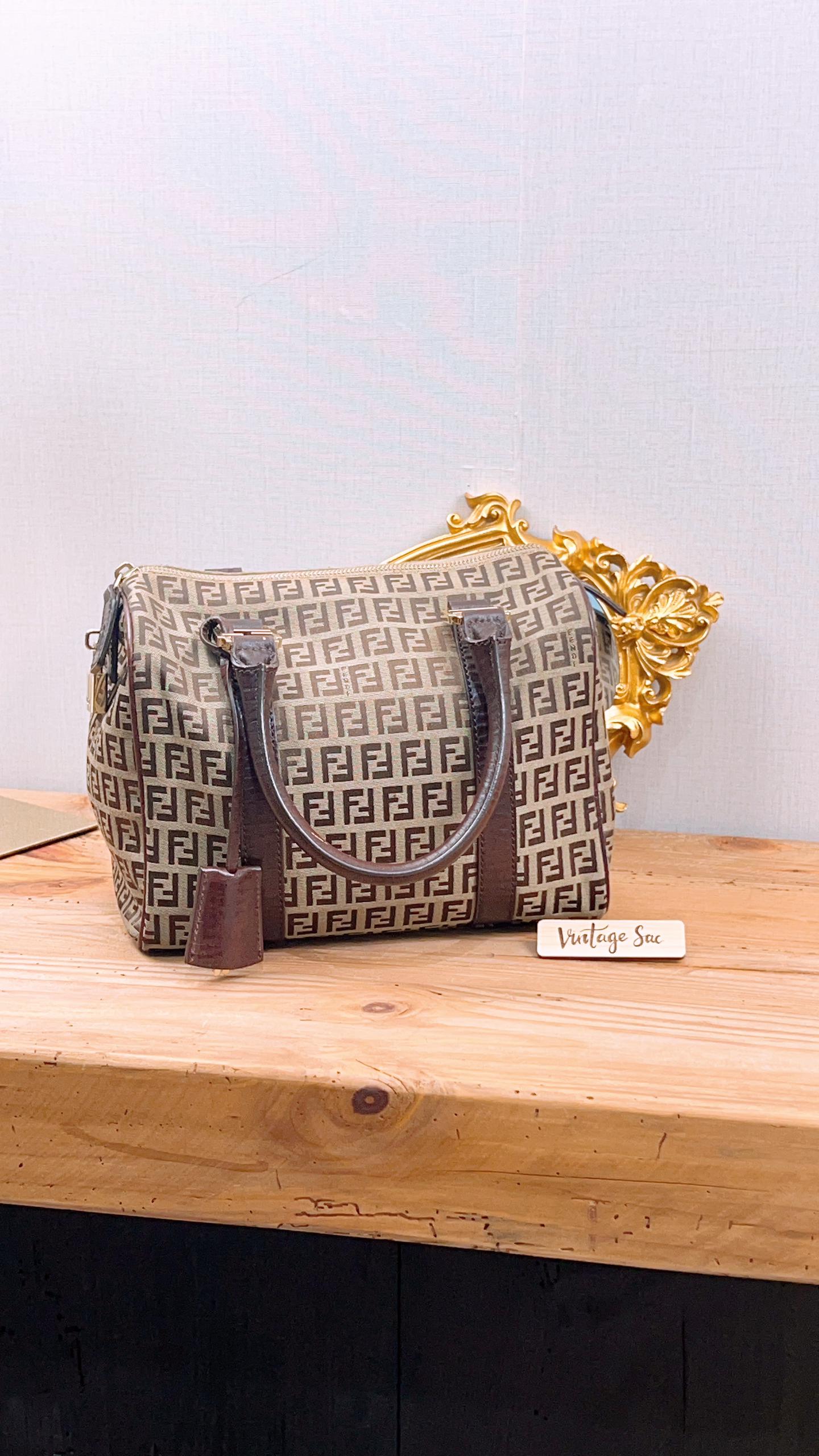 Fendi Brown Zucchino Canvas Vintage Boston Bag