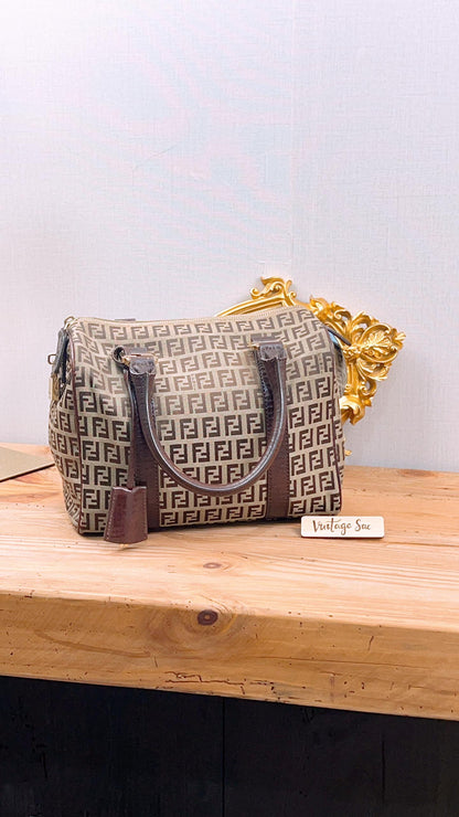 Fendi Brown Zucchino Canvas Vintage Boston Bag