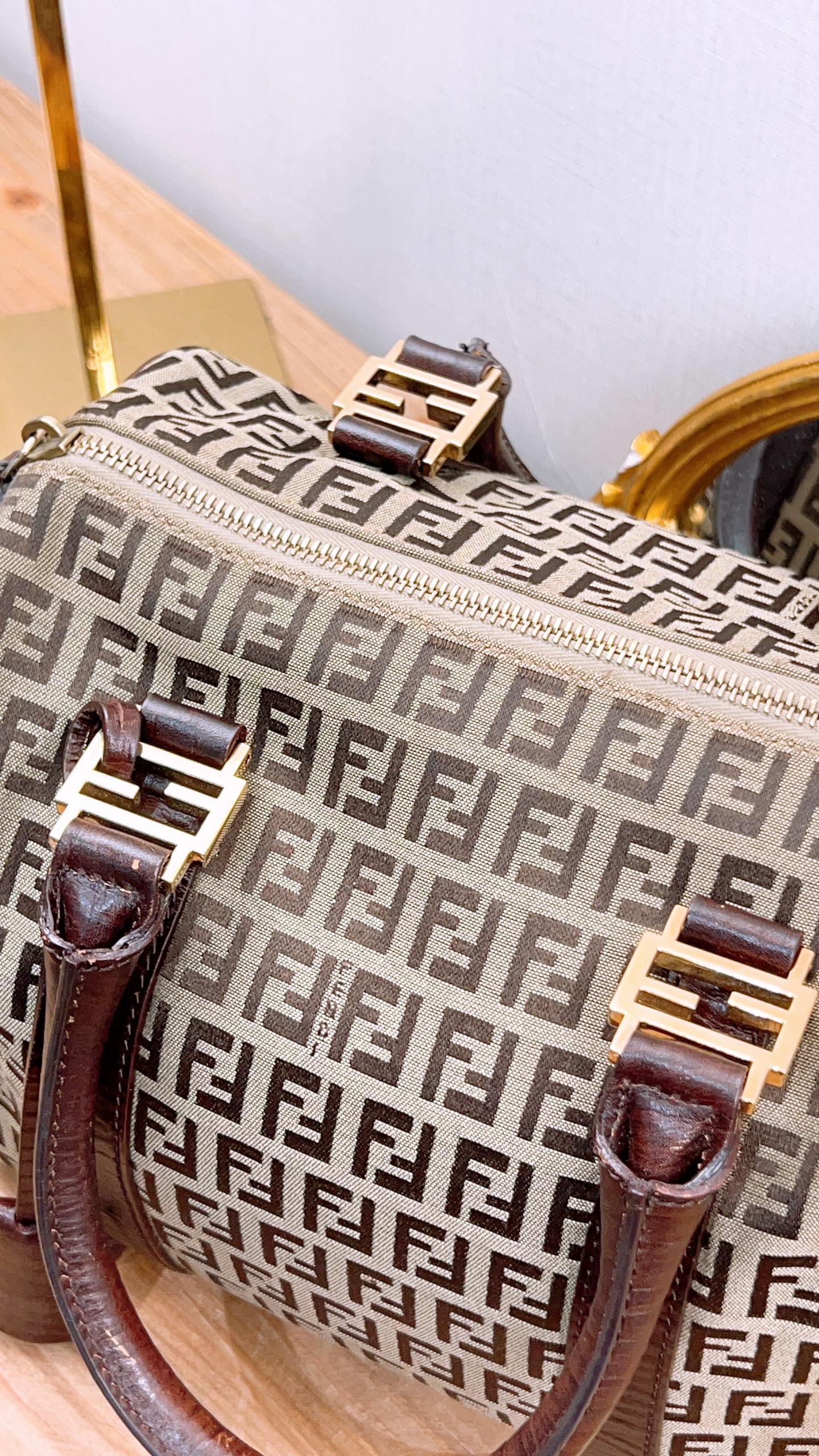 Fendi Brown Zucchino Canvas Vintage Boston Bag