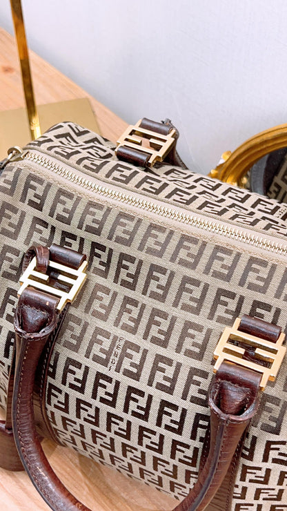 Fendi Brown Zucchino Canvas Vintage Boston Bag