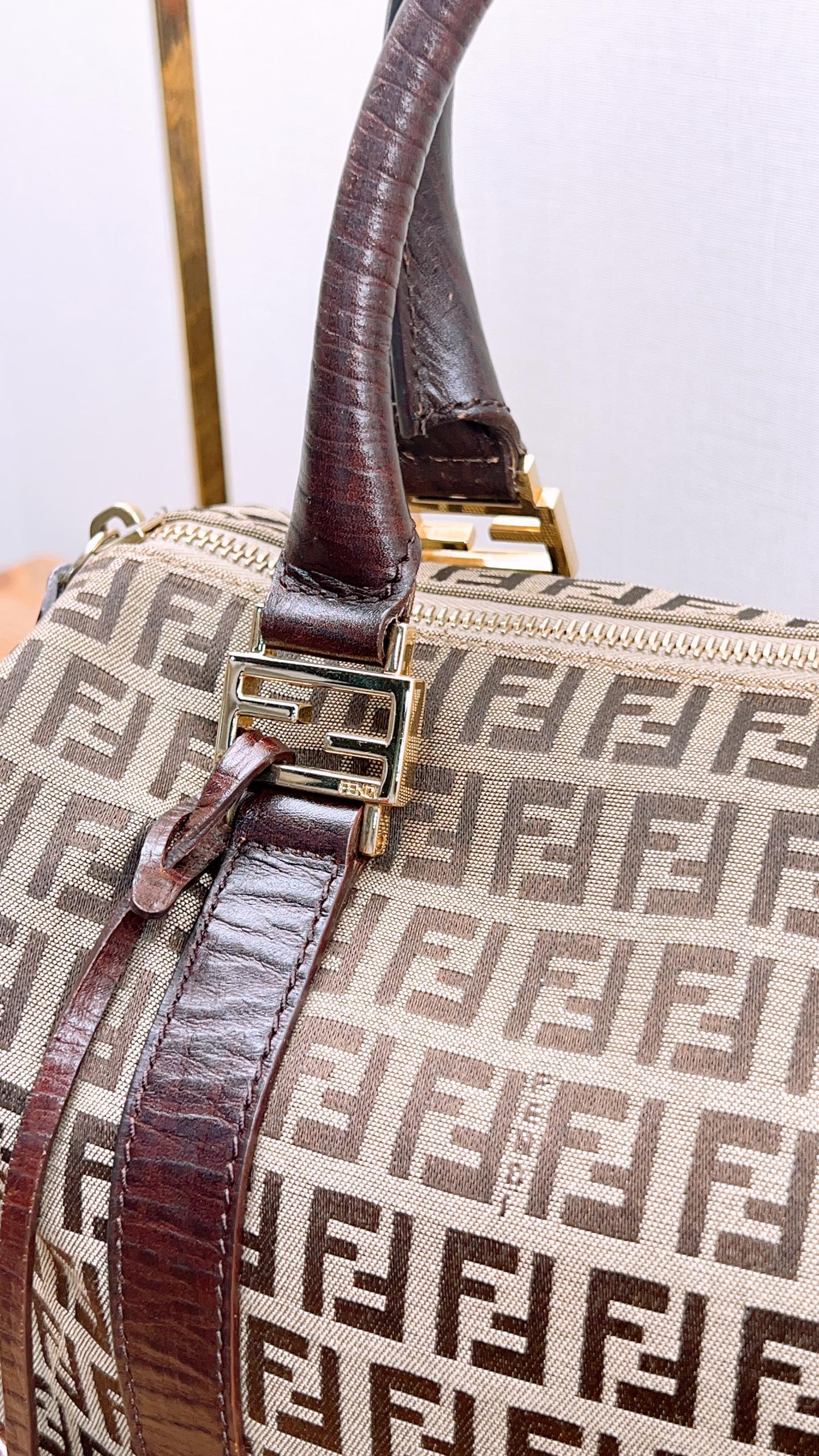 Fendi Brown Zucchino Canvas Vintage Boston Bag