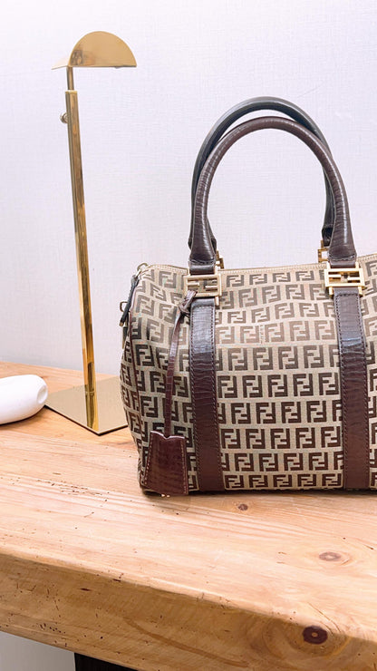 Fendi Brown Zucchino Canvas Vintage Boston Bag