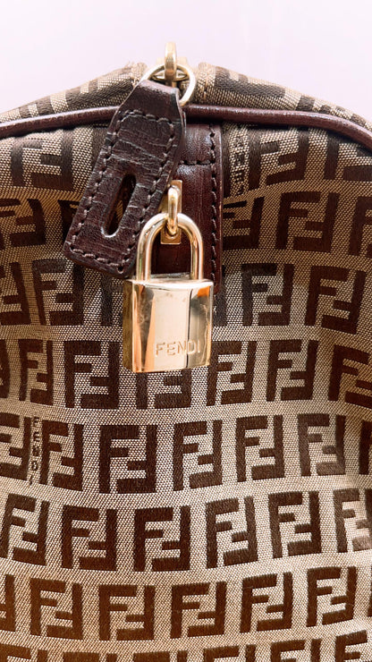 Fendi Brown Zucchino Canvas Vintage Boston Bag