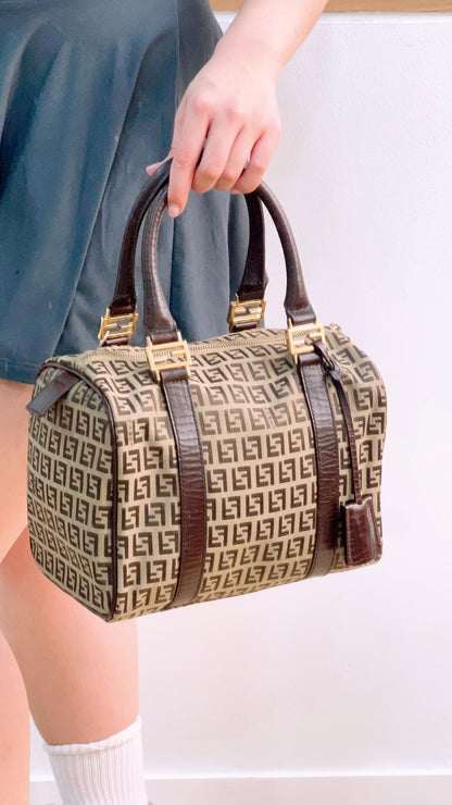 Fendi Brown Zucchino Canvas Vintage Boston Bag