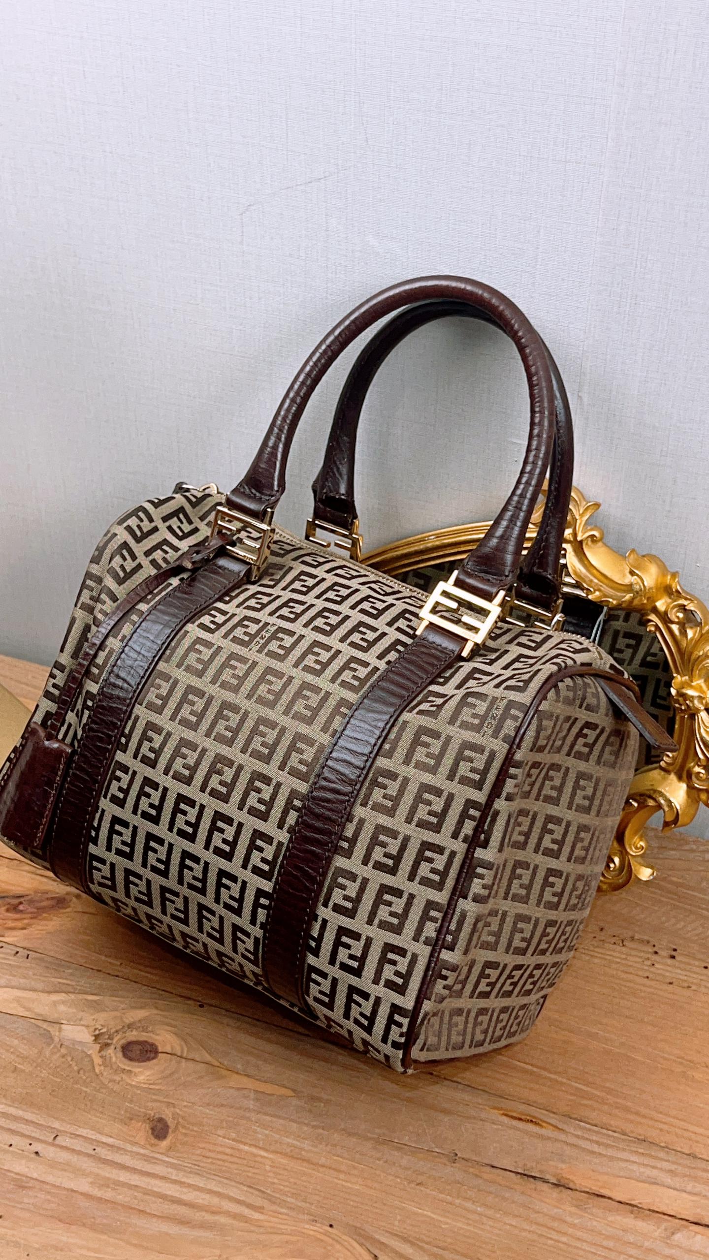 Fendi Brown Zucchino Canvas Vintage Boston Bag