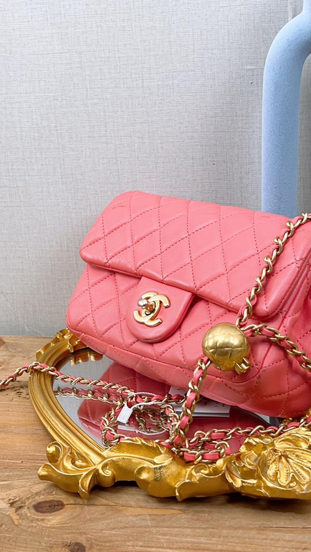Chanel Coral Pink Lambskin Mini Flap Pearl Crush (GHW)