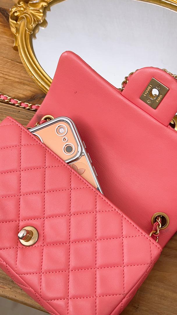 Chanel Coral Pink Lambskin Mini Flap Pearl Crush (GHW)