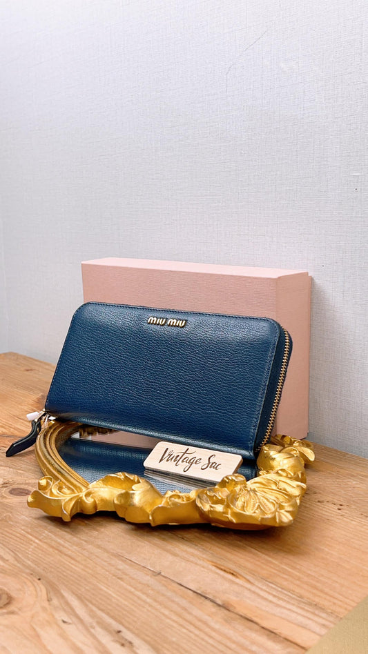 Miu Miu Dark Blue Madras Zippy Wallet (GHW)
