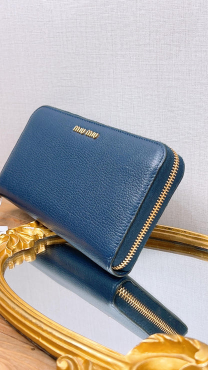 Miu Miu Dark Blue Madras Zippy Wallet (GHW)