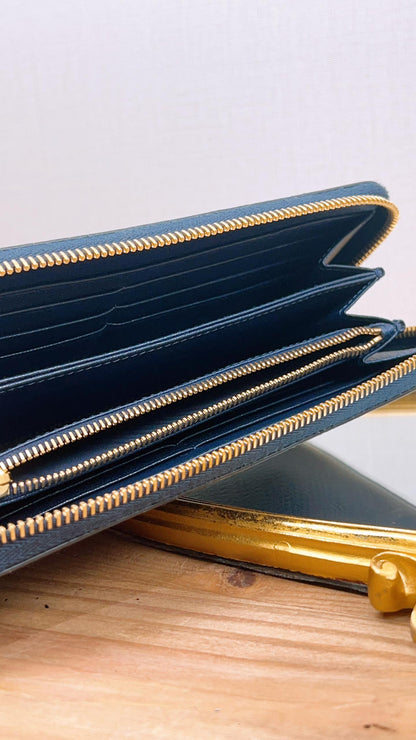 Miu Miu Dark Blue Madras Zippy Wallet (GHW)
