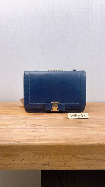 Ferragamo Blue Vara Bow Front Flap Leather Shoulder Bag