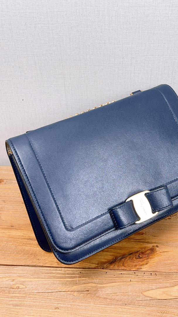 Ferragamo Blue Vara Bow Front Flap Leather Shoulder Bag