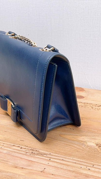 Ferragamo Blue Vara Bow Front Flap Leather Shoulder Bag