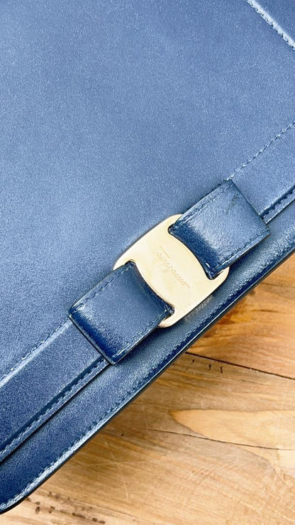 Ferragamo Blue Vara Bow Front Flap Leather Shoulder Bag