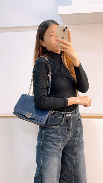 Ferragamo Blue Vara Bow Front Flap Leather Shoulder Bag