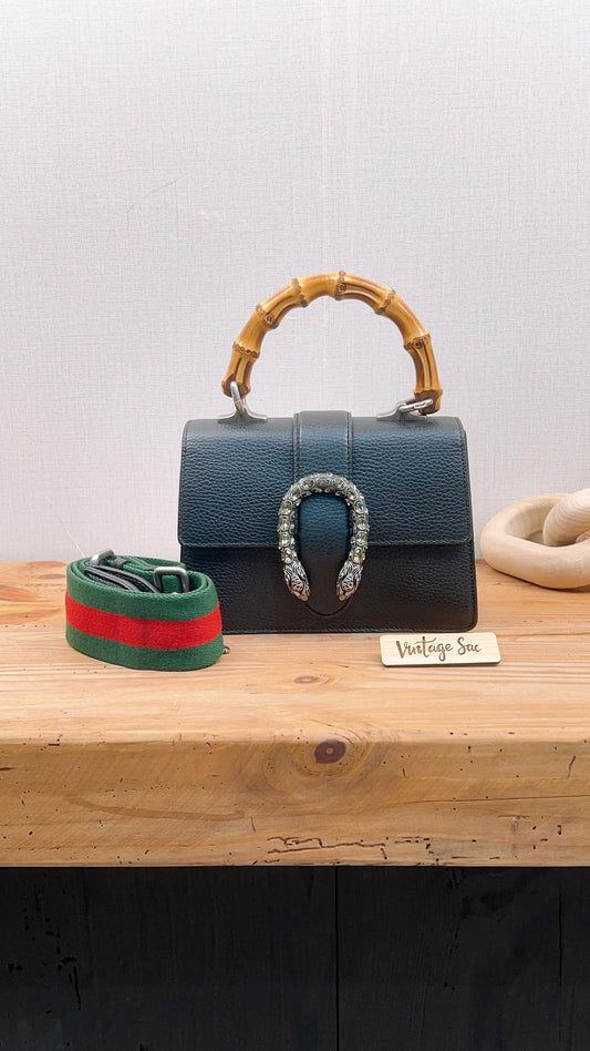 Gucci Black Dionysus Mini Bamboo Top Handle Bag