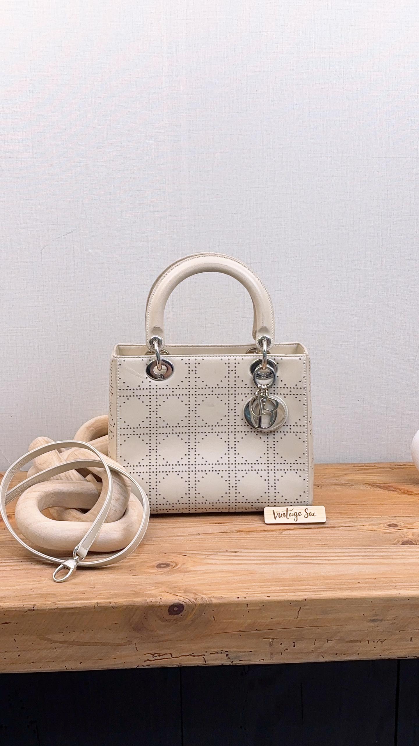Dior Ivory White Perforated Calfskin Medium Lady D (SHW)