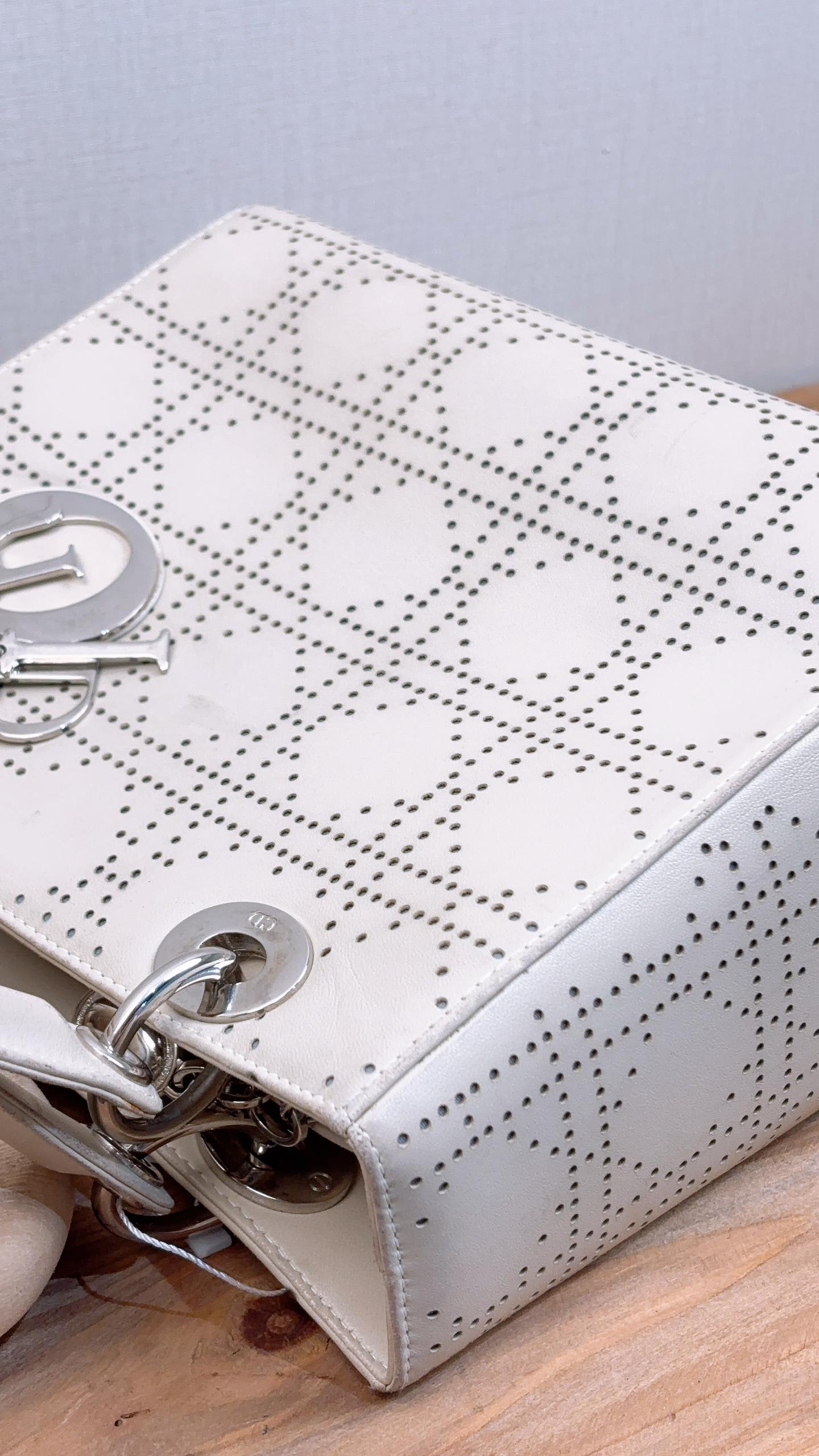 Dior Ivory White Perforated Calfskin Medium Lady D (SHW)