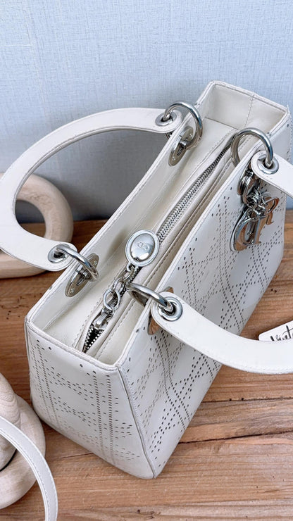Dior Ivory White Perforated Calfskin Medium Lady D (SHW)