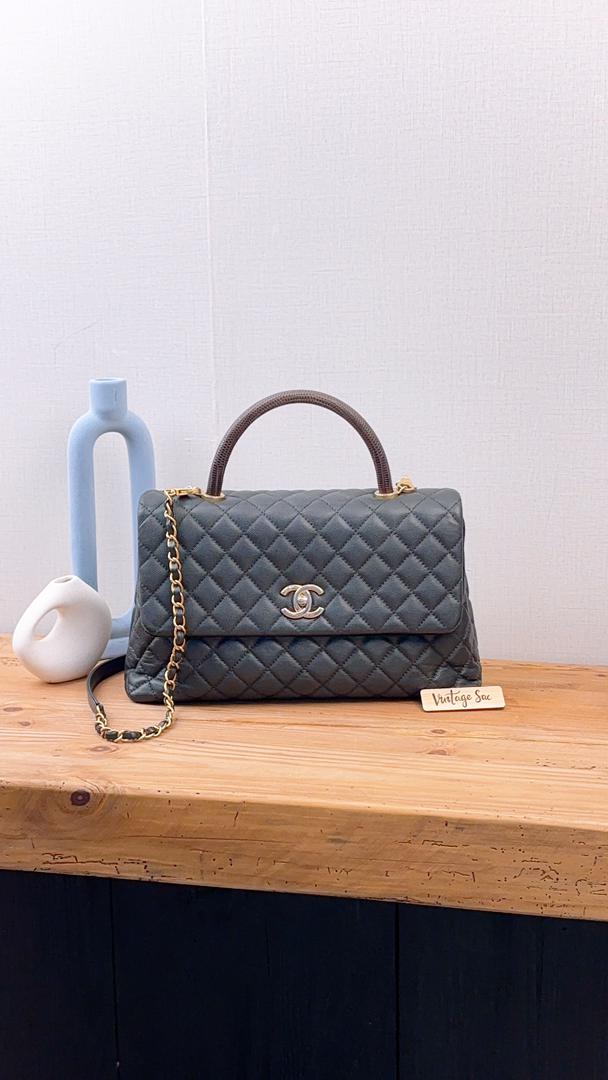 Chanel Black Caviar Medium Coco Handle with Lizard Handle (GHW)