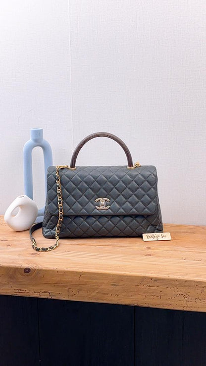 Chanel Black Caviar Medium Coco Handle with Lizard Handle (GHW)