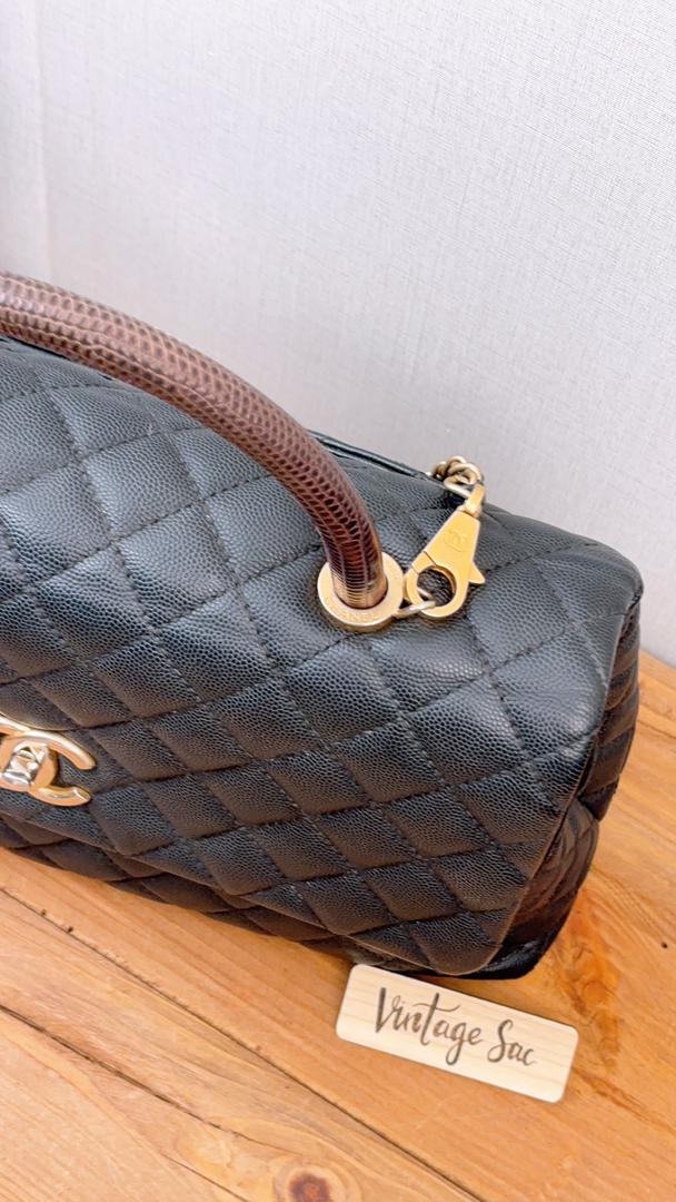 Chanel Black Caviar Medium Coco Handle with Lizard Handle (GHW)