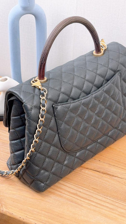 Chanel Black Caviar Medium Coco Handle with Lizard Handle (GHW)