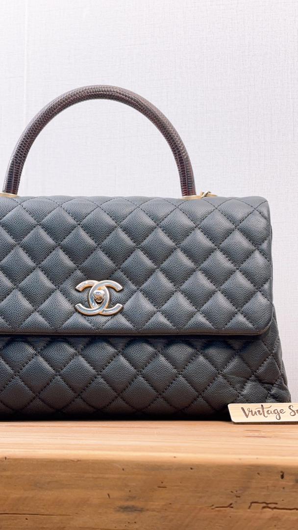 Chanel Black Caviar Medium Coco Handle with Lizard Handle (GHW)