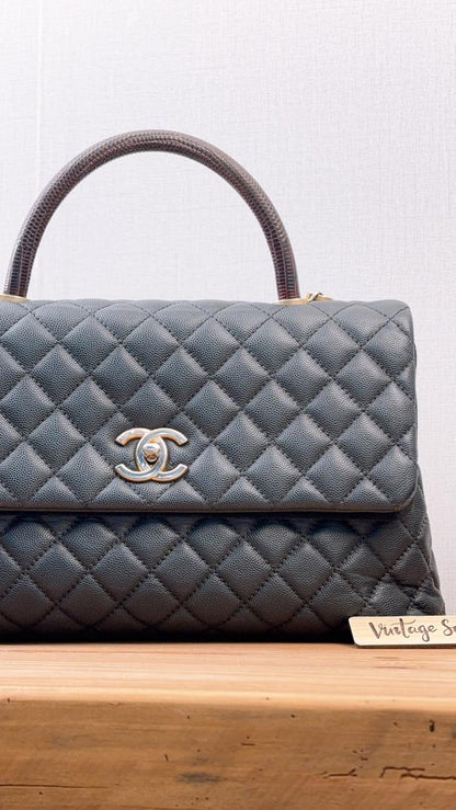 Chanel Black Caviar Medium Coco Handle with Lizard Handle (GHW)