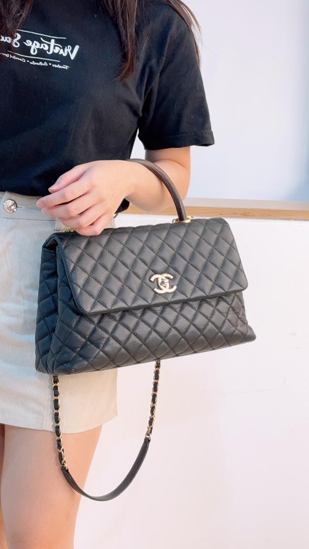 Chanel Black Caviar Medium Coco Handle with Lizard Handle (GHW)