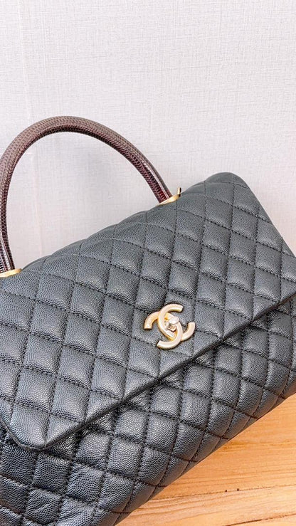 Chanel Black Caviar Medium Coco Handle with Lizard Handle (GHW)
