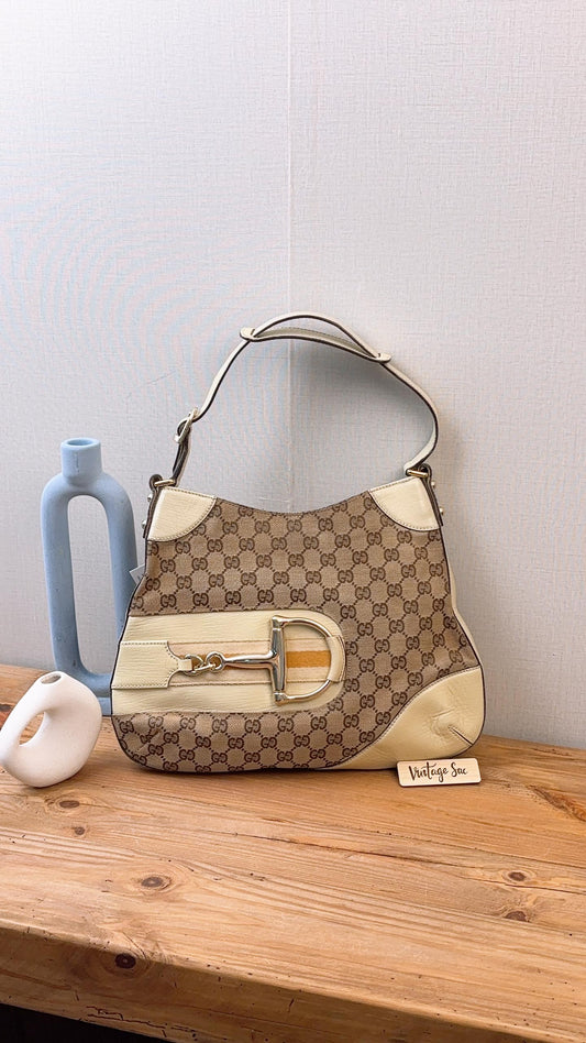 Gucci Beige Monogram Canvas Vintage Horsebit Shoulder Bag