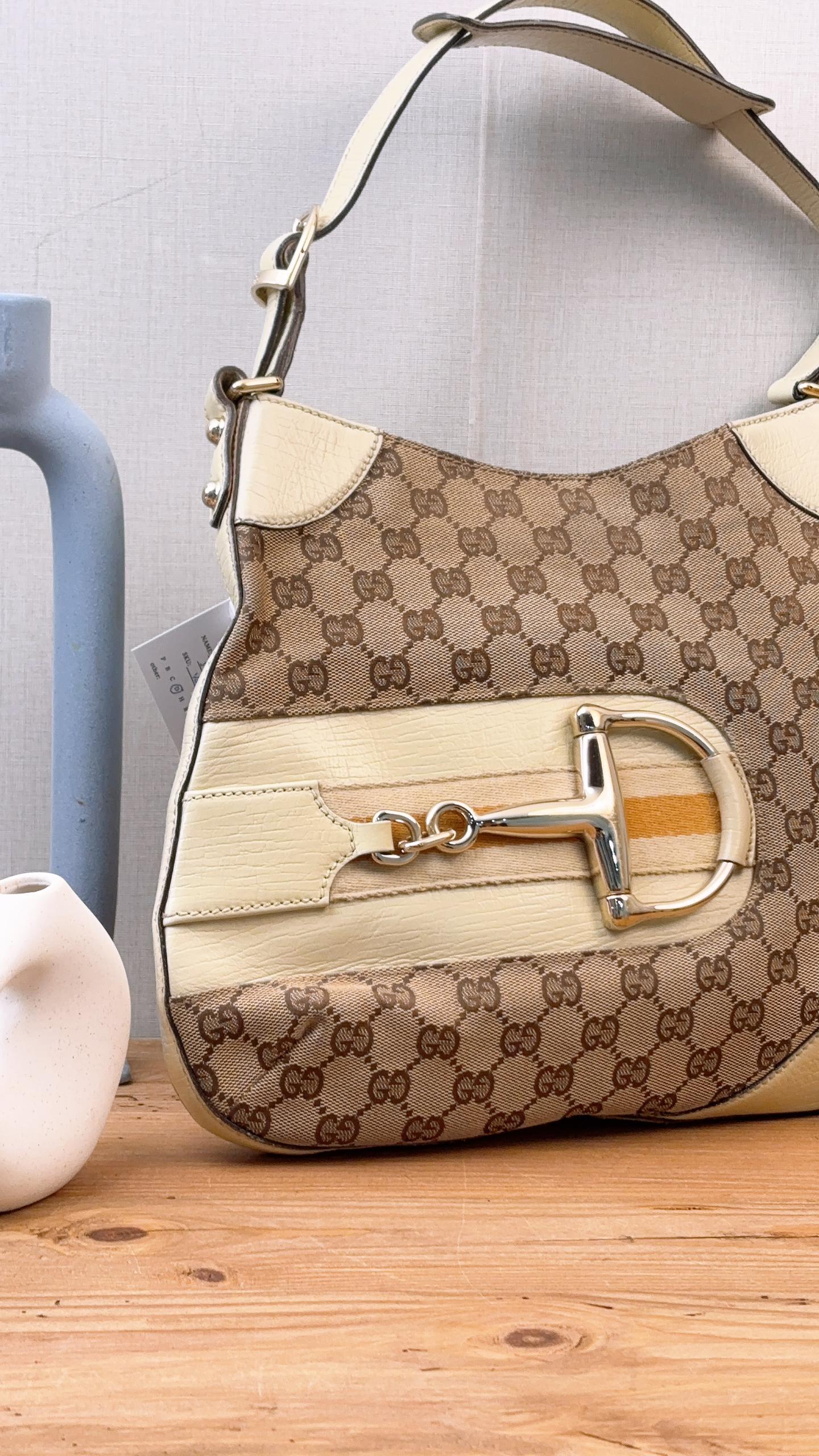 Gucci Beige Monogram Canvas Vintage Horsebit Shoulder Bag