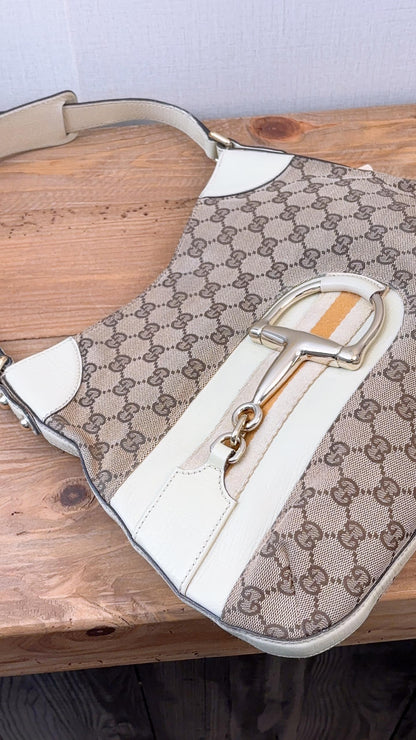 Gucci Beige Monogram Canvas Vintage Horsebit Shoulder Bag