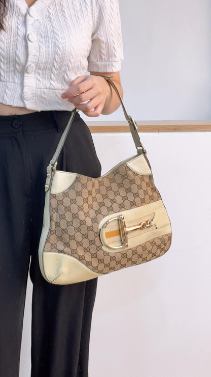 Gucci Beige Monogram Canvas Vintage Horsebit Shoulder Bag