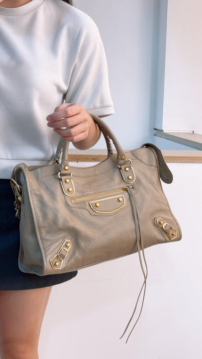 Balenciaga Latte Grey Mettalic Edge Medium City Bag (GHW)