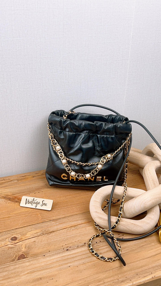 Chanel Black Calfskin Pearl CC Chain Mini 22 (GHW)