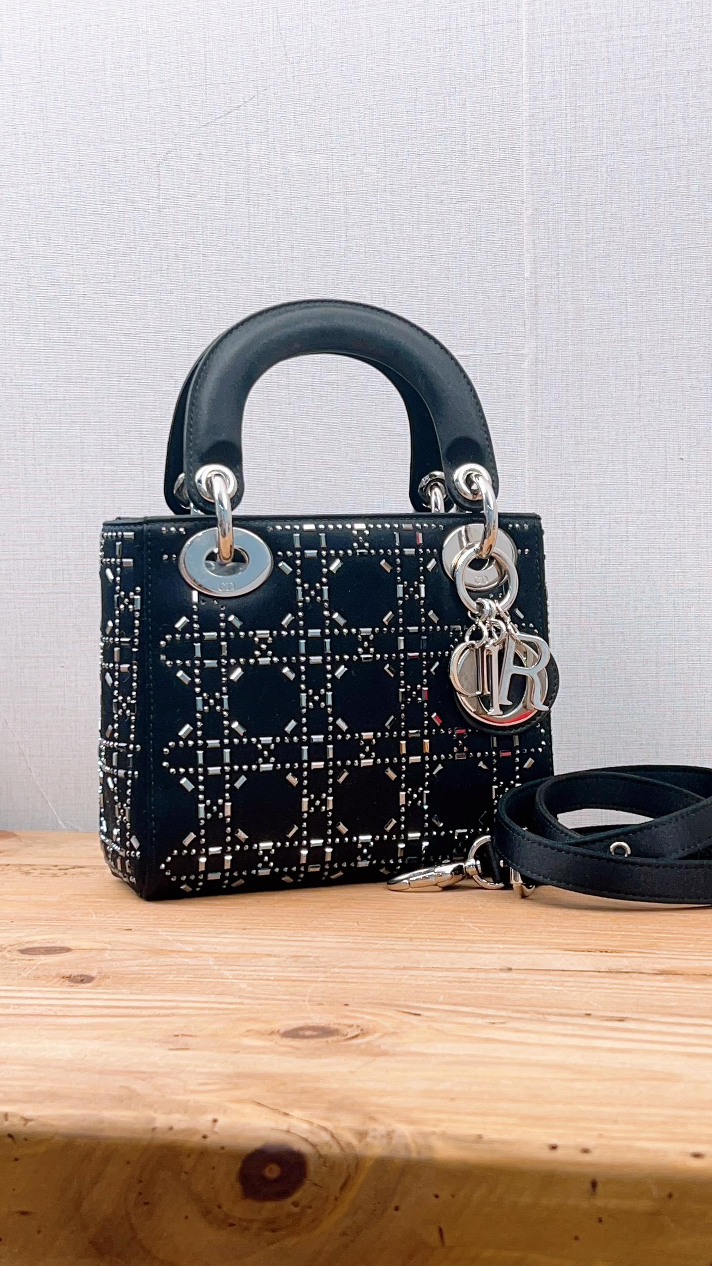 Dior Black Strass Cannage Satin Mini Lady Dior (SHW)
