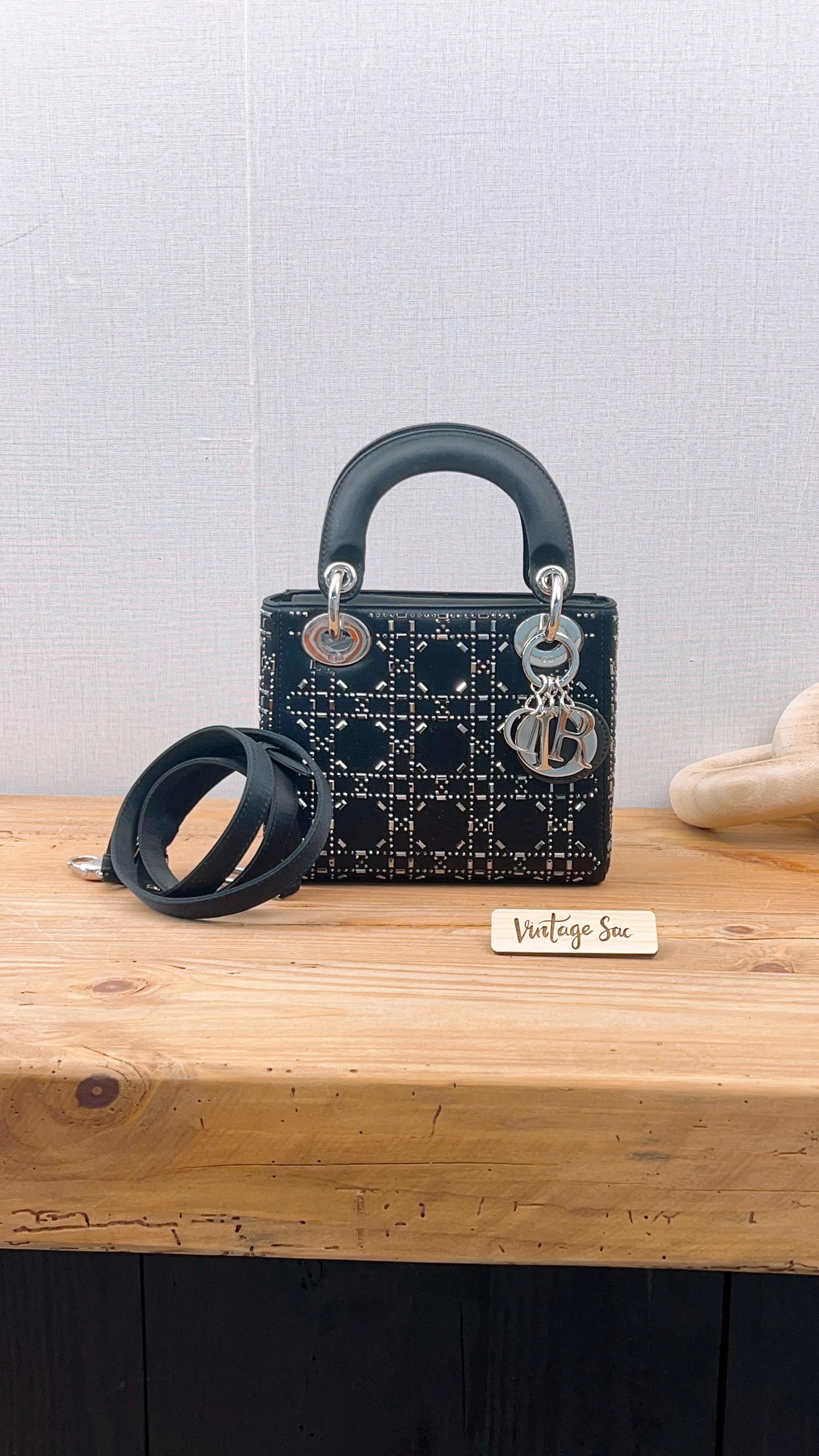 Dior Black Strass Cannage Satin Mini Lady Dior (SHW)