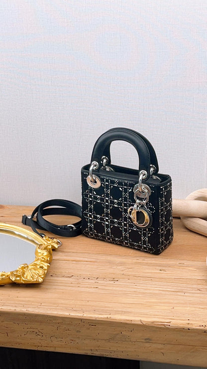 Dior Black Strass Cannage Satin Mini Lady Dior (SHW)
