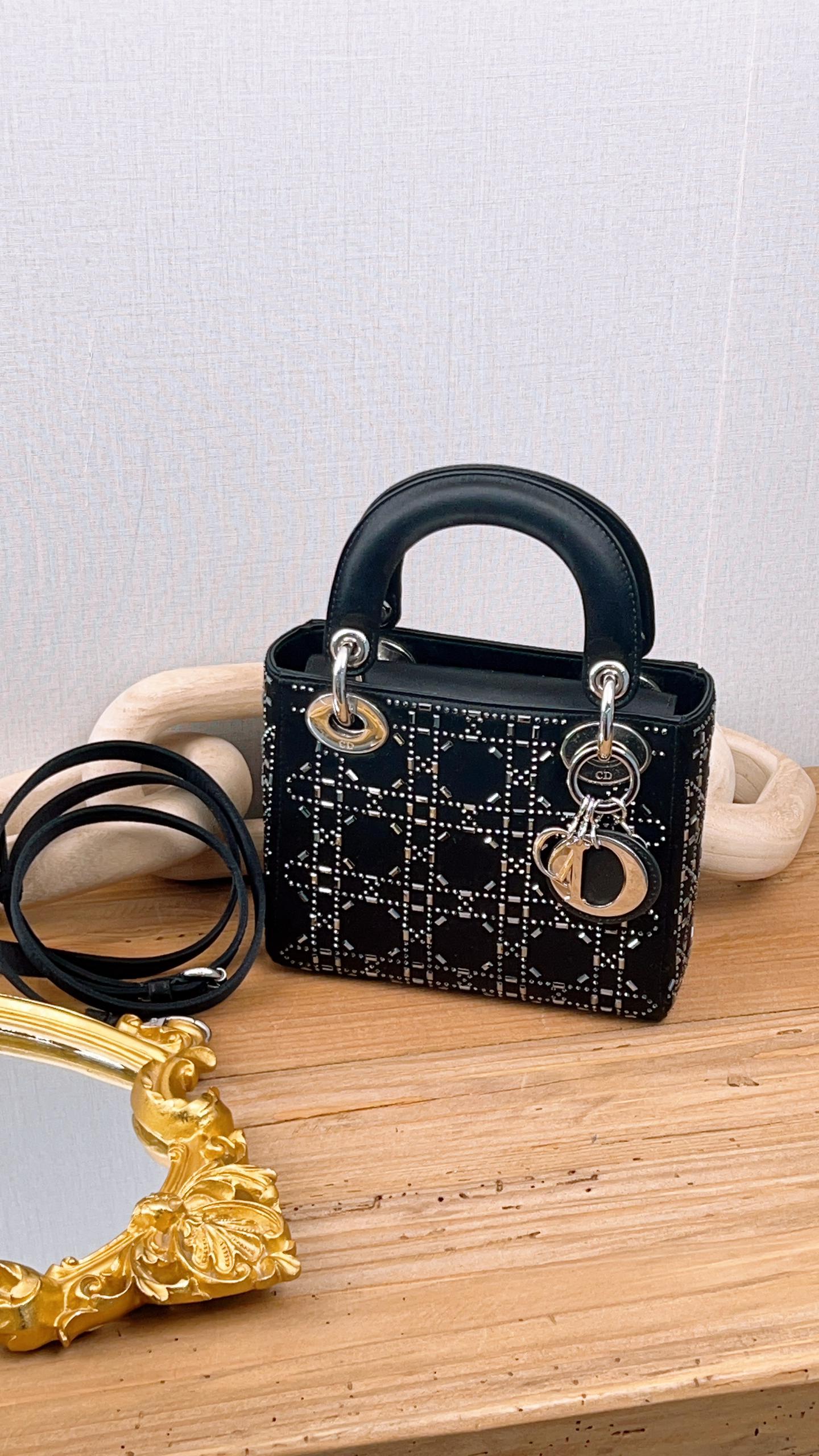 Dior Black Strass Cannage Satin Mini Lady Dior (SHW)