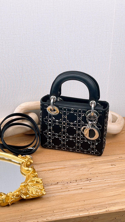 Dior Black Strass Cannage Satin Mini Lady Dior (SHW)