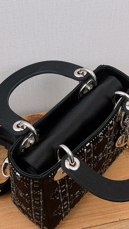 Dior Black Strass Cannage Satin Mini Lady Dior (SHW)