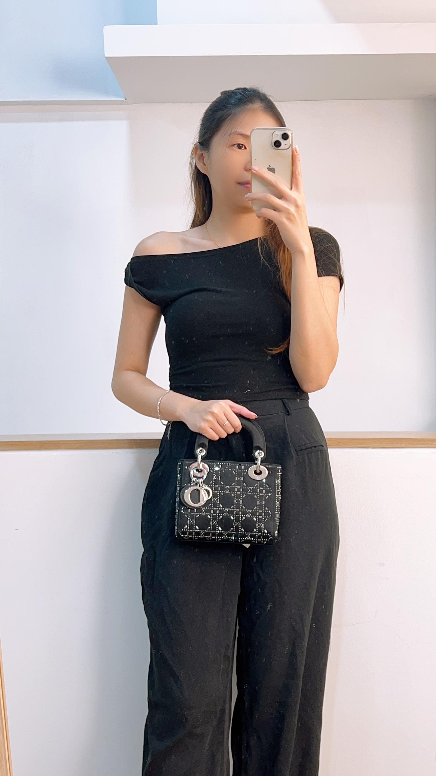 Dior Black Strass Cannage Satin Mini Lady Dior (SHW)