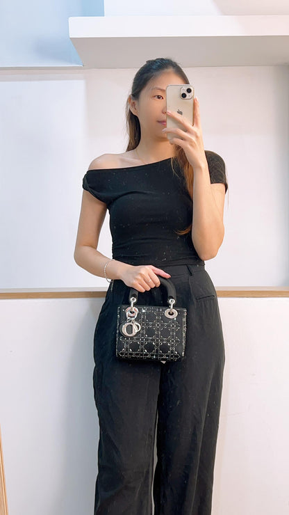 Dior Black Strass Cannage Satin Mini Lady Dior (SHW)