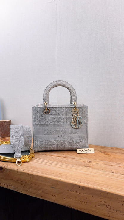 Dior Grey Embroidery Medium Lady D-Lite (GHW)