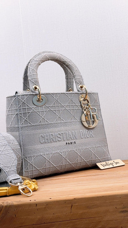 Dior Grey Embroidery Medium Lady D-Lite (GHW)