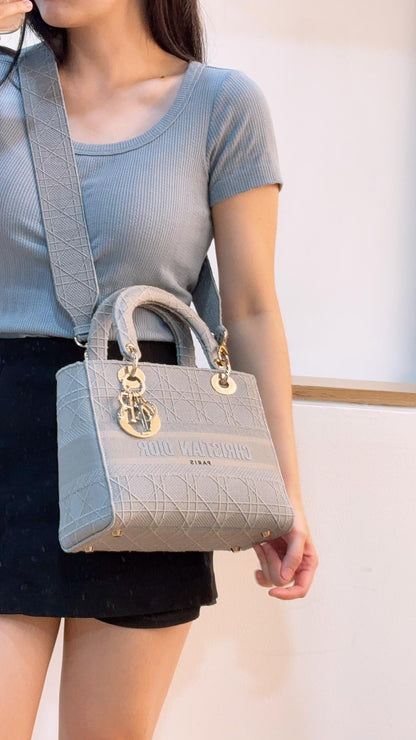 Dior Grey Embroidery Medium Lady D-Lite (GHW)